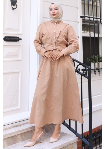 Düğmeli Ceketli Cepli Beli Bağlamalı Jile Elbise Camel HM2785