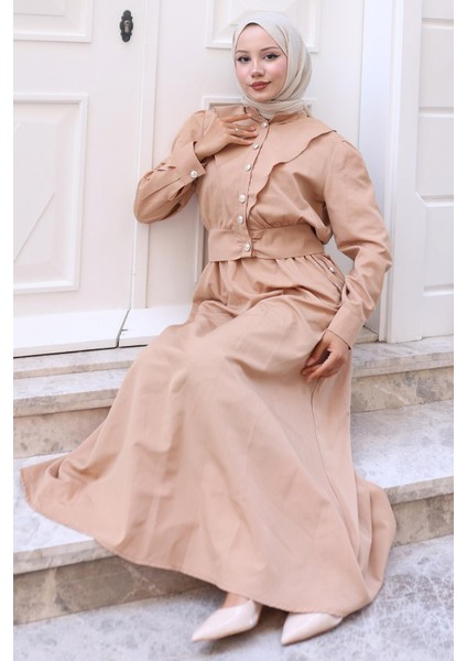 Düğmeli Ceketli Cepli Beli Bağlamalı Jile Elbise Camel HM2785 fiyatları