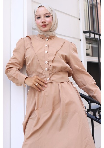 Düğmeli Ceketli Cepli Beli Bağlamalı Jile Elbise Camel HM2785 modelleri
