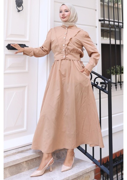 Düğmeli Ceketli Cepli Beli Bağlamalı Jile Elbise Camel HM2785 fırsatları