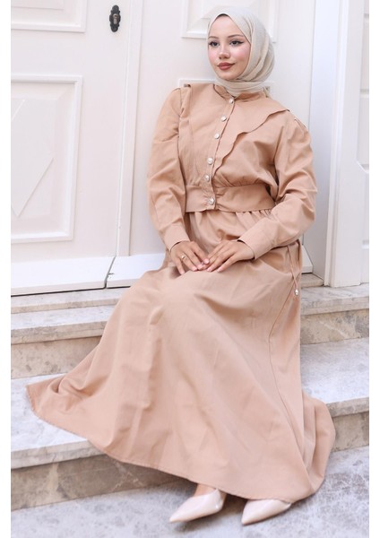 Düğmeli Ceketli Cepli Beli Bağlamalı Jile Elbise Camel HM2785 indirimleri