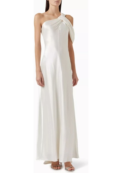 Ashborne Tek Omuzlu Saten Abiye Elbise, Ivory