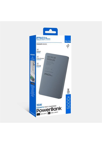 PW-114 5.000mAh 15W Hızlı Şarjlı LED Göstergeli Usb-C Girişli Wireless Powerbank