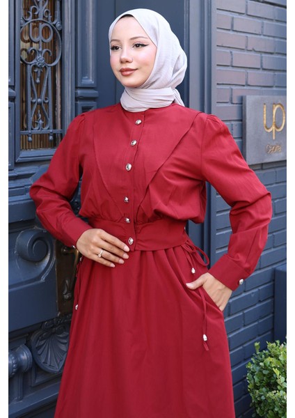 Düğmeli Ceketli Cepli Beli Bağlamalı Jile Elbise Bordo HM2785 modelleri