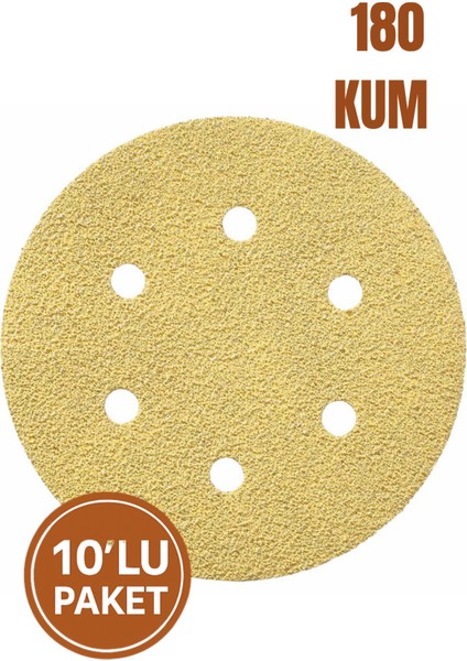 10'lu Paket 150 mm P180 Gold Zımpara Diski – Cırtlı, 6 Delikli, Metal & Ahşap Uyumlu