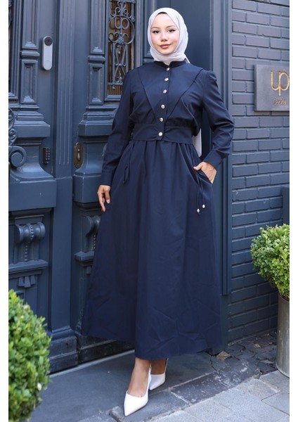 Düğmeli Ceketli Cepli Beli Bağlamalı Jile Elbise Lacivert HM2785
