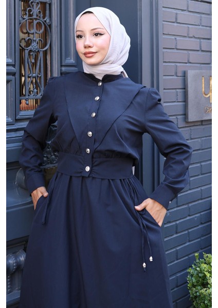 Düğmeli Ceketli Cepli Beli Bağlamalı Jile Elbise Lacivert HM2785 fiyatları