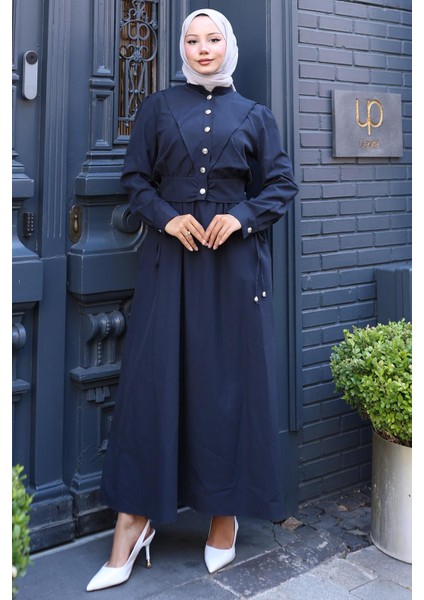 Düğmeli Ceketli Cepli Beli Bağlamalı Jile Elbise Lacivert HM2785 modelleri