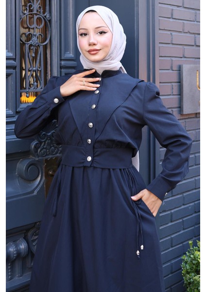 Düğmeli Ceketli Cepli Beli Bağlamalı Jile Elbise Lacivert HM2785 fırsatları