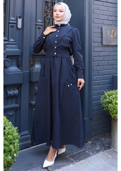 Düğmeli Ceketli Cepli Beli Bağlamalı Jile Elbise Lacivert HM2785 indirimleri