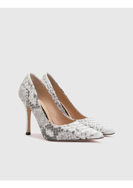 Ravello Hakiki Yılan Deri Kadın Gri Topuklu Ayakkabı