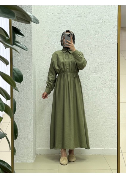 Mireva Yarım Patlı Beli Lastikli ELBISE-AS4078 Haki