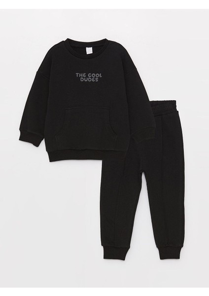 Bisiklet Yaka Uzun Kollu Baskılı Erkek Bebek Sweatshirt ve Eşofman Altı 2'li Takım