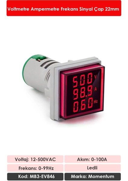 D22 Sinyal Led Volt/Amper/Frekans Metre 12-500V / 0-100A /0-99Hz Kırmızı MB3-EV846 fiyatları