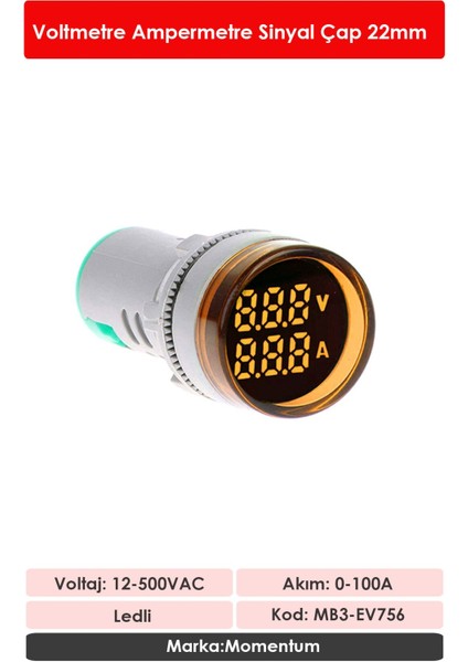 D22 Sinyal Led Voltmetre Ampermetre 12-500V / 0-100A Sarı MB3-EV756