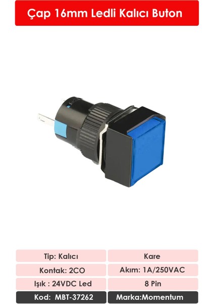 D16 Işıklı Buton 24V Kalıcı 2CO Kare Mavi MBT-37262 fiyatları