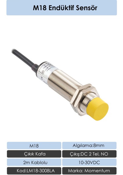 M18 Endüktif Sensör 8mm Çıkık Kafa DC 2 Tel NO LM18-3008LA