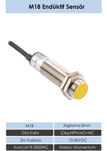 M18 Endüktif Sensör 5mm Düz Kafa NPN NO+NC LM18-3005NC