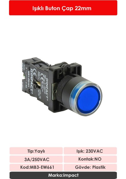 22mm Işıklı Buton Mavi NO MB3-EW661 fiyatları