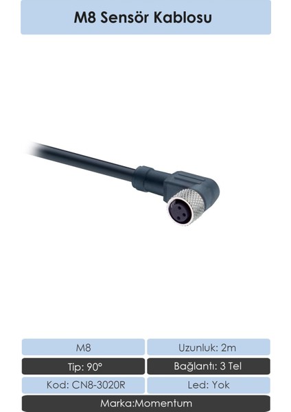 Sensör Konnektör M8 90° 2 metre 3 Tel CN8-3020R
