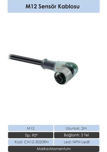 Sensör Konnektör M12 90° 2 metre 3 Tel CN12-3020RN