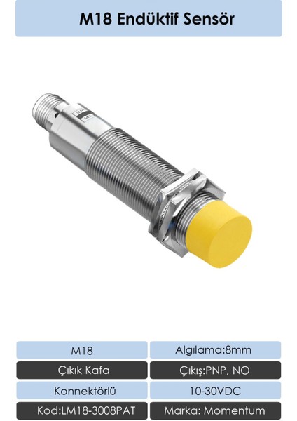 M18 Endüktif Sensör 8mm Çıkık Kafa PNP NO LM18-3008PAT