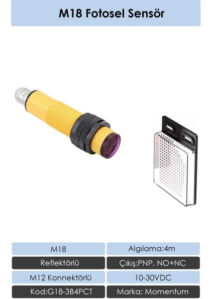 Fotosel M18 4m Reflektörlü Konnektör PNP NO+NC G18-3B4PCT