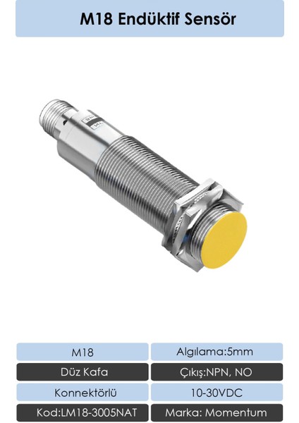 M18 Endüktif Sensör 8mm Düz Kafa NPN NO LM18-3005NAT