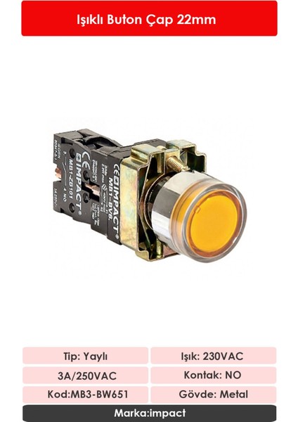 22mm Işıklı Buton Sarı NO MB3-BW651 fiyatları