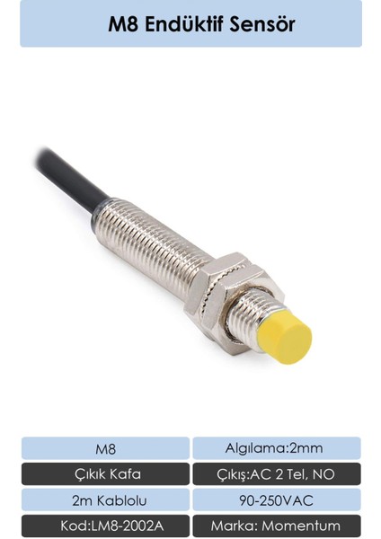 Sensör Endüktif M8 2mm Çıkık Kafa 2m Kablo AC 2 Tel NO LM8-2002A