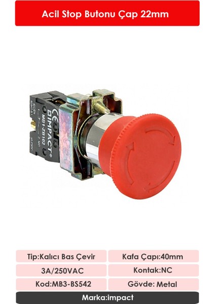 22mm Acil Stop Butonu NC MB3-BS542 fiyatları