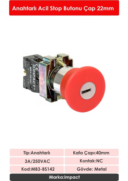 22mm Acil Stop Anahtarlı Buton NC MB3-BS142 fiyatları