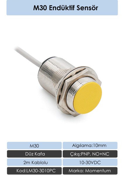 Sensör Endüktif M30 10mm Düz Kafa 2m Kablo PNP NO+NC LM30-3010PC