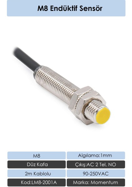 Sensör Endüktif M8 1mm Düz Kafa 2m Kablo AC 2 Tel NO LM8-2001A