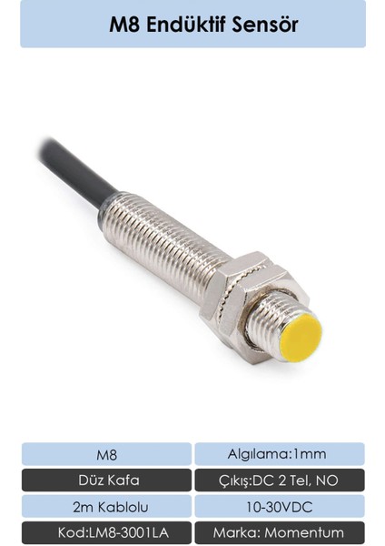 Sensör Endüktif M8 1mm Düz Kafa 2m Kablo DC 2 Tel NO LM8-3001LA