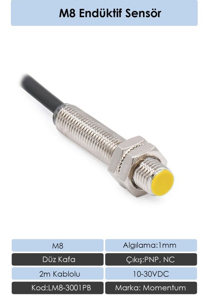 Sensör Endüktif M8 1mm Düz Kafa 2m Kablo PNP NC LM8-3001PB