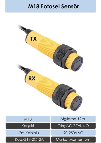 Fotosel M18 12m Karşılıklı 2m Kablo AC 2 Tel NO G18-2C12A