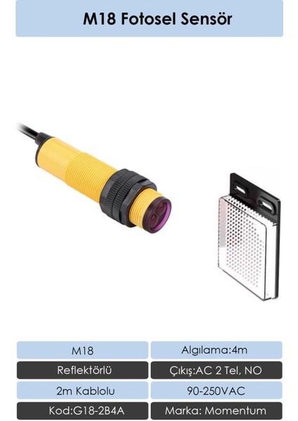 Fotosel M18 4m Reflektörlü 2m Kablo AC 2 Tel NO G18-2B4A