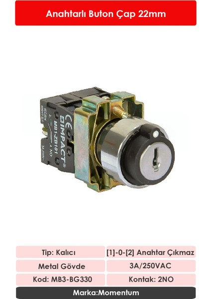 22mm Anahtarlı Buton 1-0-2 2NO MB3-BG330 fiyatları