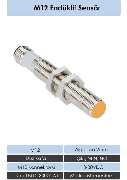 M12 Endüktif Sensör 2mm Düz Kafa NPN NO LM12-3002NAT