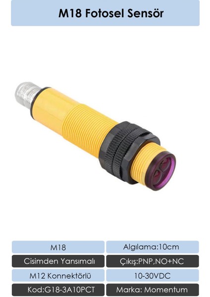 Fotosel M18 50cm Cisimden Konnektör PNP NO+NC G18-3A50PCT