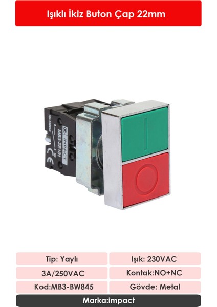 22mm Işıklı İkiz Buton Kırmızı-Yeşil NO+NC MB3-BW845 fiyatları