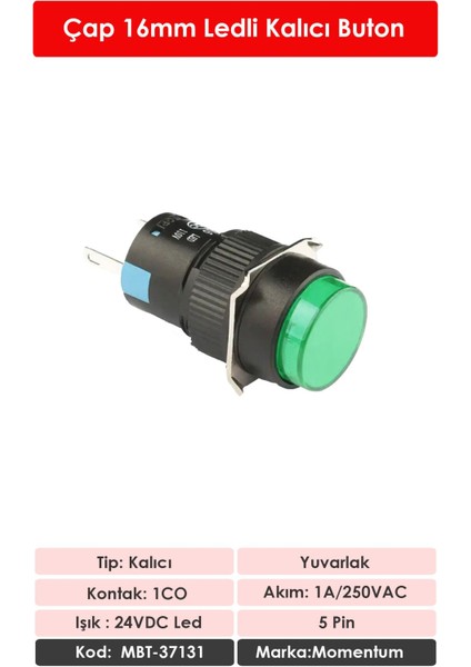 D16 Işıklı Buton 24V Kalıcı 1CO Yuvarlak Yeşil MBT-37131 fiyatları