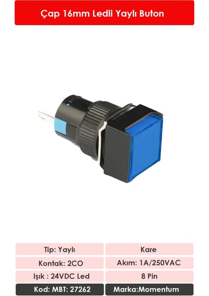 D16 Işıklı Buton 24V Yaylı 2CO Kare Mavi MBT-27262 fiyatları