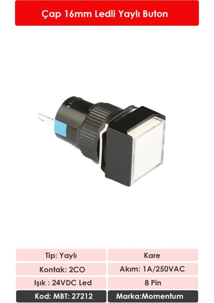 D16 Işıklı Buton 24V Yaylı 2CO Kare Beyaz MBT-27212 fiyatları