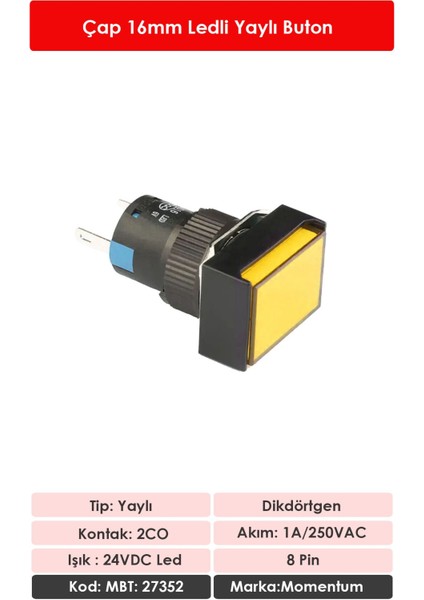 D16 Işıklı Buton 24V Yaylı 2CO Dörtgen Sarı MBT-27352 fiyatları