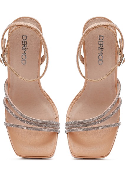 Kadın Bej Bilekten Bağlamalı Kalın Yüksek Topuklu Abiye Sandalet 25SFD441014