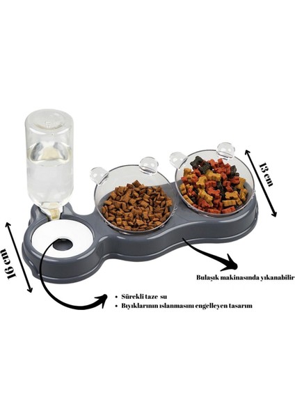 Çift Hazneli 3'lü Mama ve Su Kabı, 500ML, Gri, 36X21X16 cm indirimleri