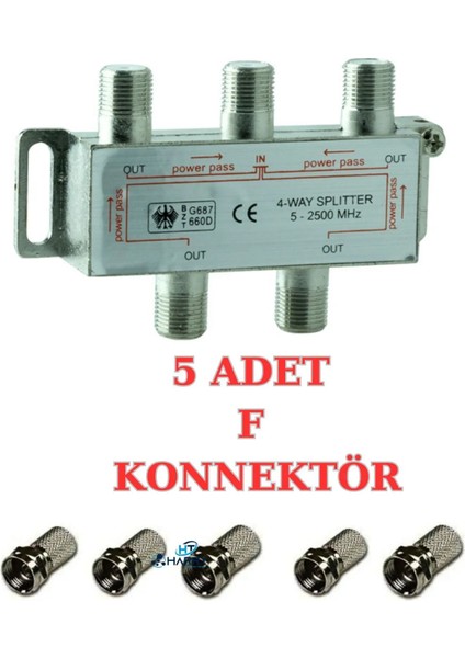 1 Uydu Anteni ile 4 Tv Bağlayan Uydu Dağıtıcı Sinyal Bölücü Splitter 2500 Mhz+ 5 Adet F Konnektör