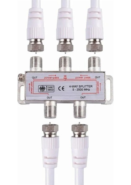 1 Uydu Anteni ile 4 Tv Bağlayan Uydu Dağıtıcı Sinyal Bölücü Splitter 2500 Mhz+ 5 Adet F Konnektör